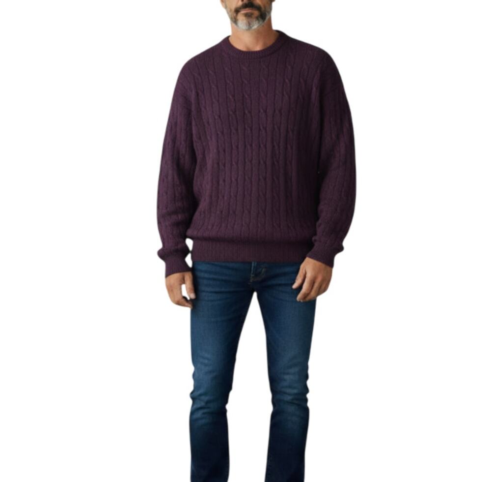 BARRY BRICKEN 100% Silk Fisherman Cable Knit Crew Sweater Men L Purple Work Cozy